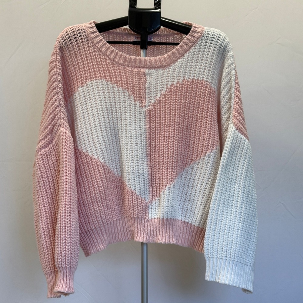 Pink Lily Heart Sweater XL Pullover Long‎ Sleeve Cozy Knit Crew Neck Top